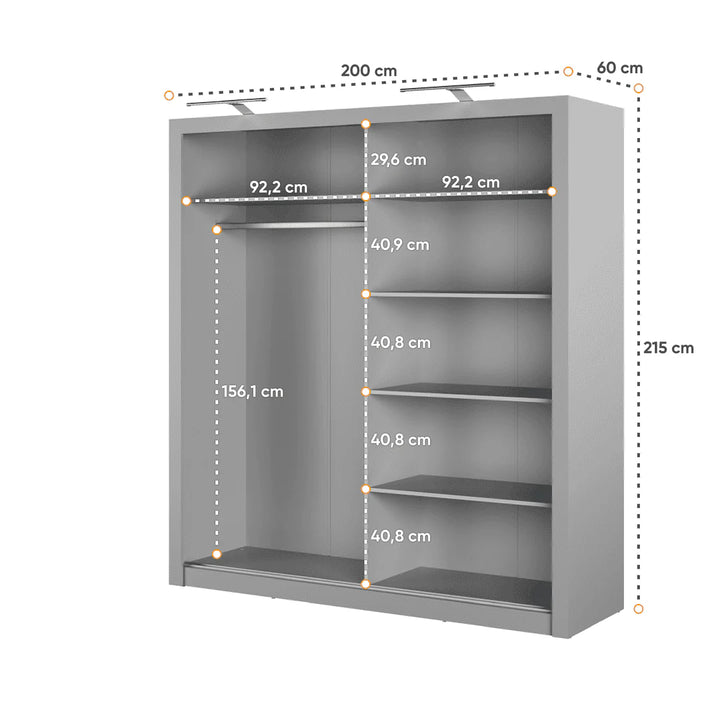 Karon Mirrored Sliding 3 Door Wardrobe 6 Shelves 2 Rails Oak San Remo Effect 200cm