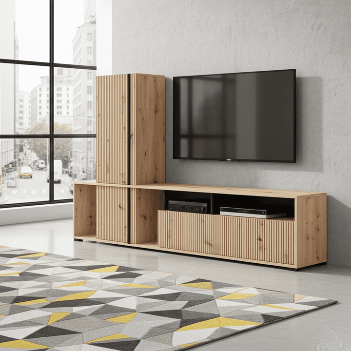 Artisan oak effect slatted TV unit with open and closed storage