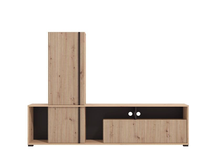 Wooden entertainment console with black accents 