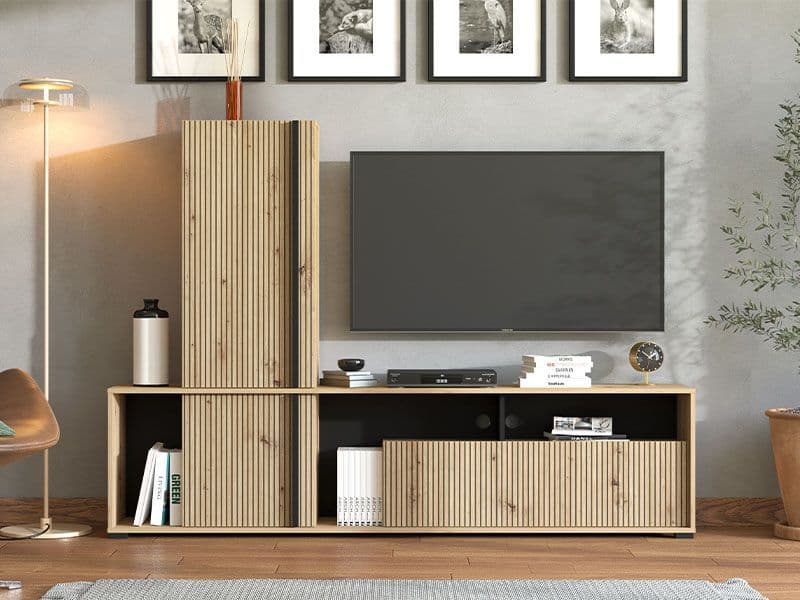 Modern oak effect entertainment unit with black accents and shelving