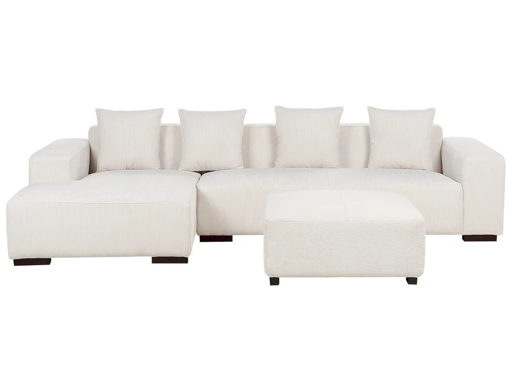 Off-white corduroy corner sofa with ottoman right hand