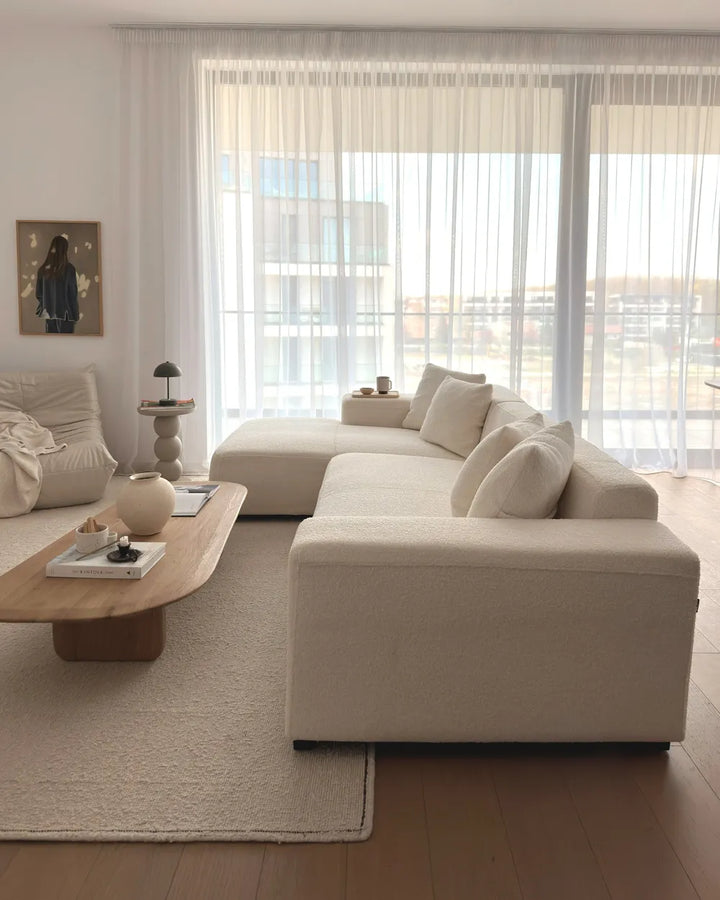Corner Sofa 4 Seater Corduroy Off-White with Ottoman Right Hand Lecanto