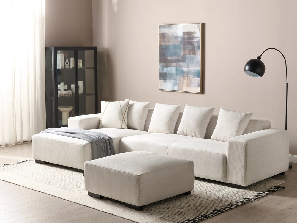 Right hand off-white jumbo cord corner sofa with ottoman