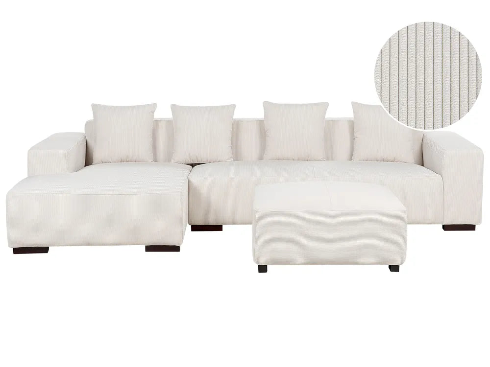 Corner Sofa 4 Seater Corduroy Off-White with Ottoman Right Hand Lecanto