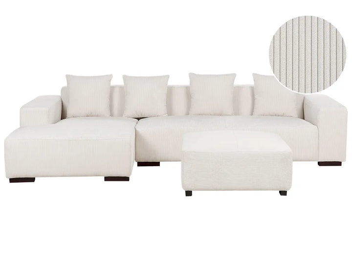 Corner Sofa 4 Seater Corduroy Off-White with Ottoman Right Hand Lecanto
