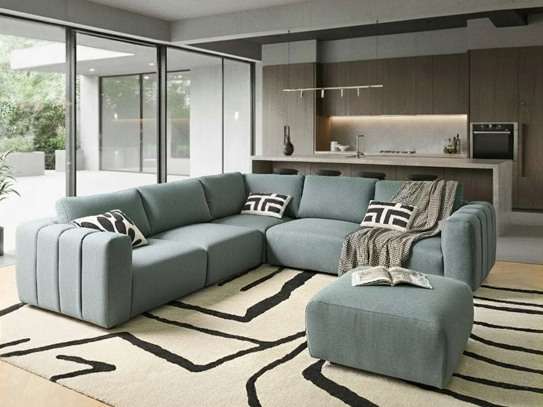 Right hand green fabric corner sofa with ottoman, 5 seater modular sectional for contemporary living room