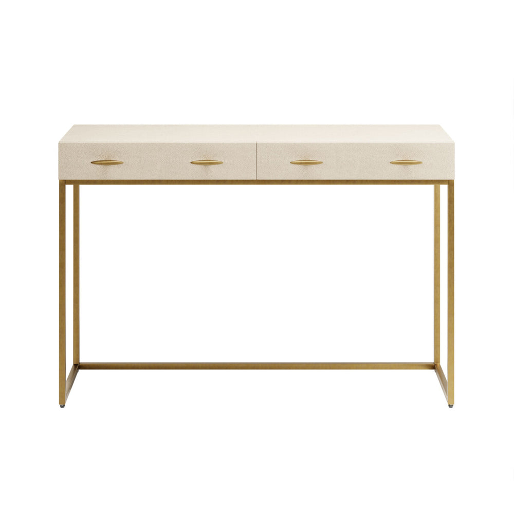 Beige console table with gold legs on a white background
