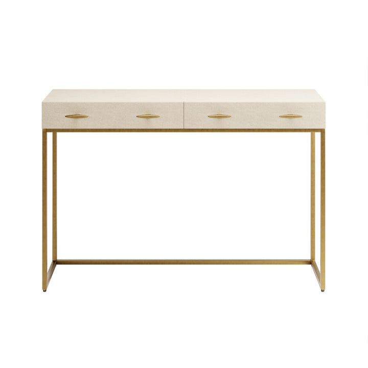 Beige console table with gold legs on a white background