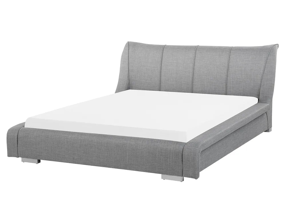 Light grey fabric waterbed with padded headboard