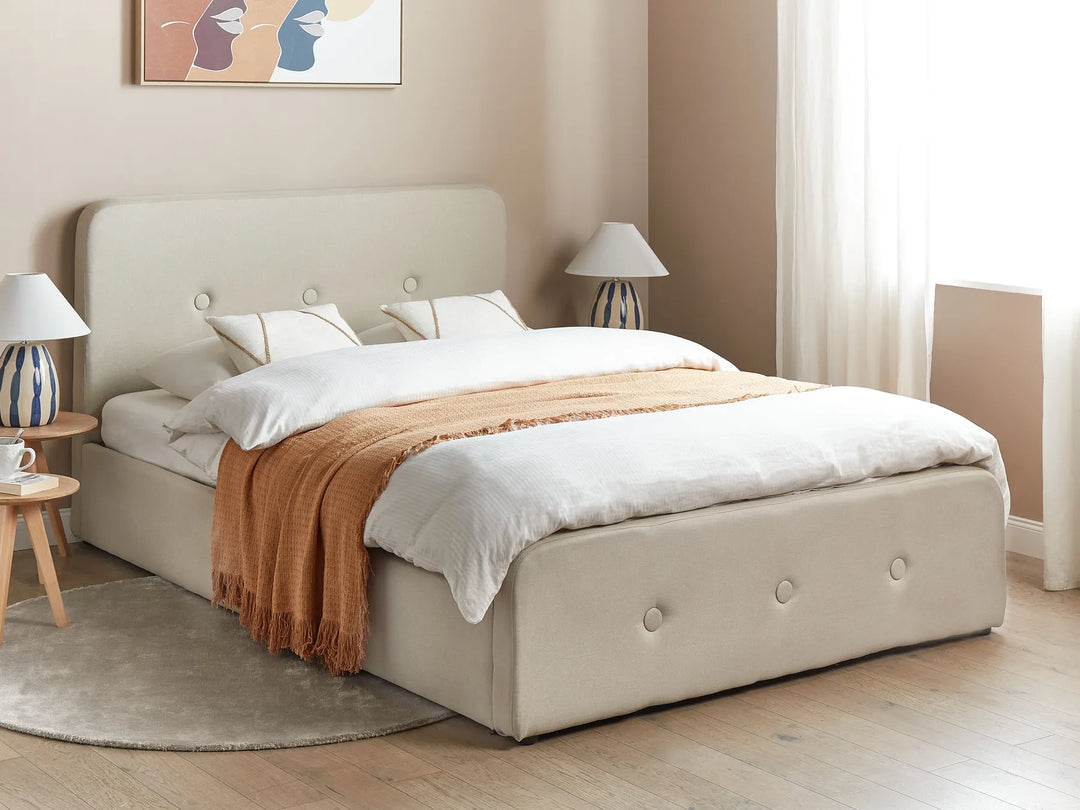 Upholstered bed with tufted headboard and lift-up base