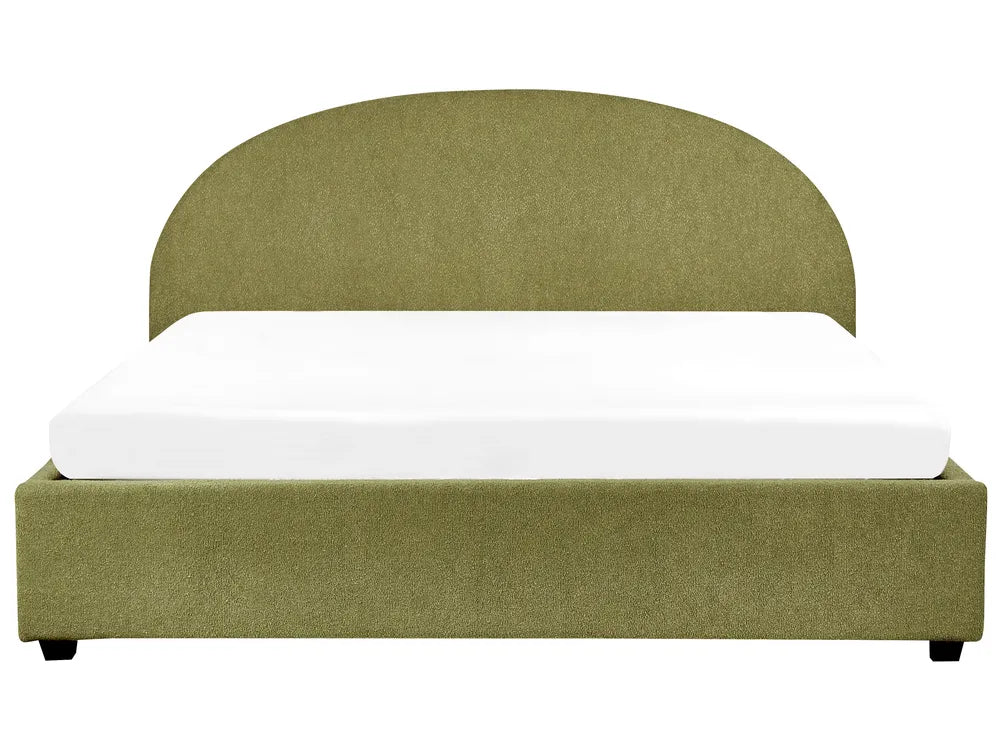 Green upholstered bed with white mattress on a white background