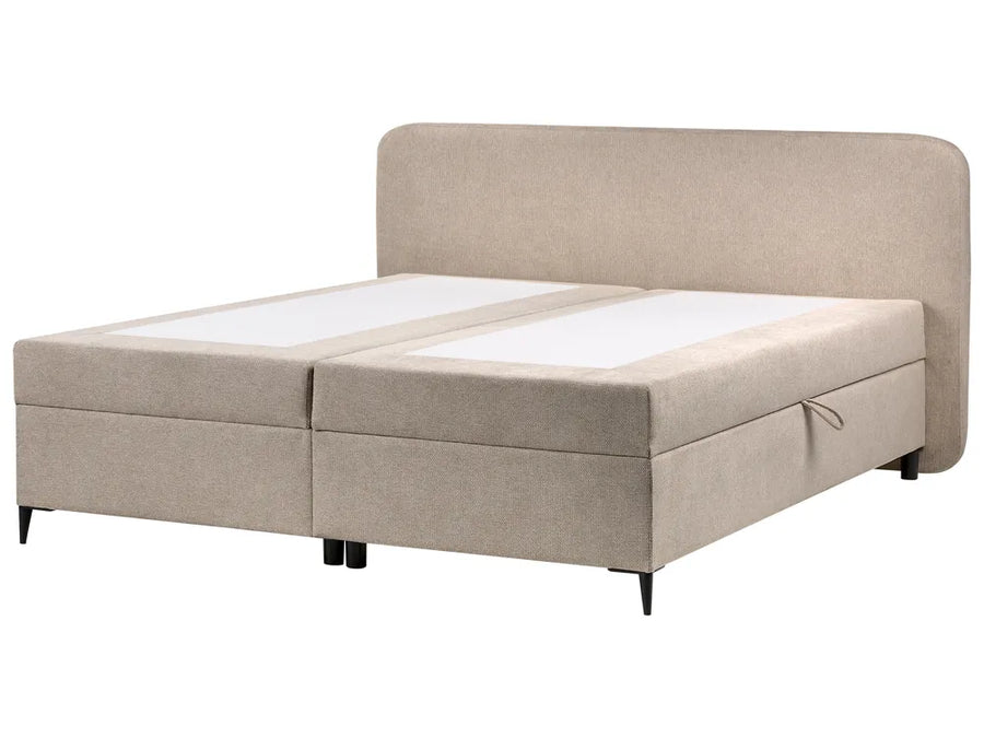 Beige upholstered bed with storage drawers on a white background