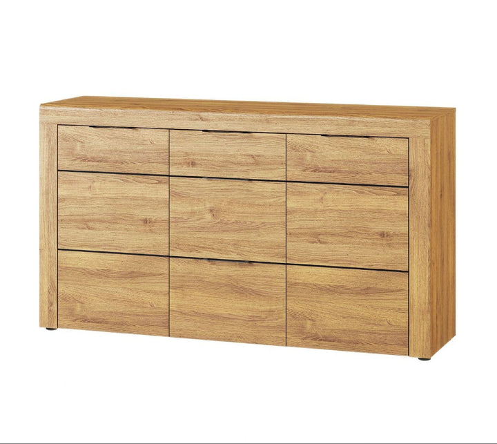 Wooden dresser with six drawers on a white background