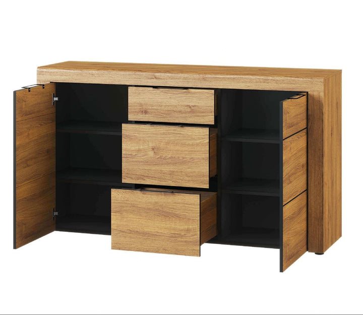 Wooden sideboard with open doors and drawers on a white background