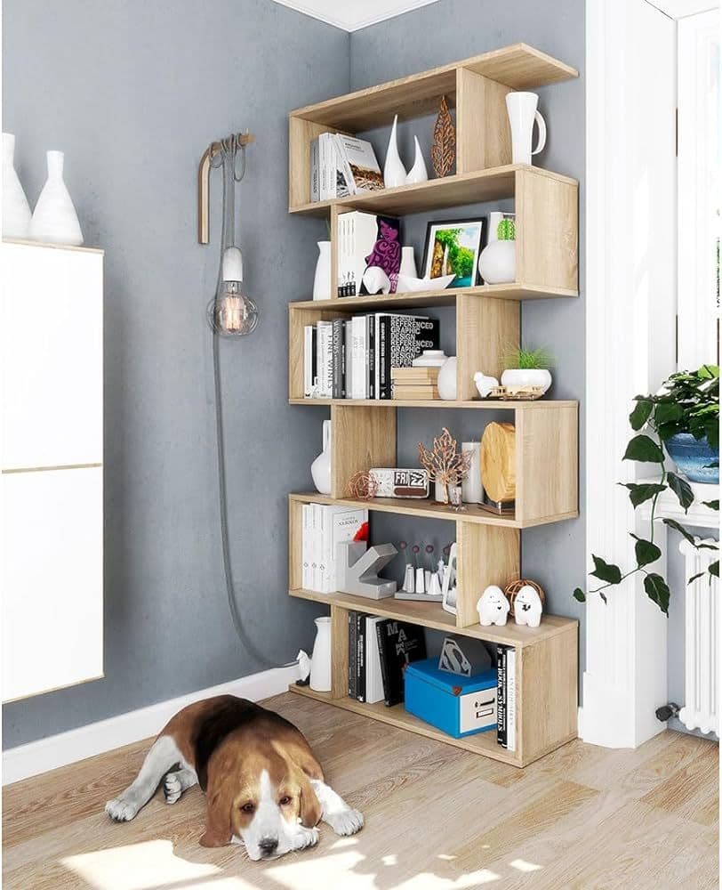 Wooden bookshelf with decorative items in a room with a dog lying on the floor.