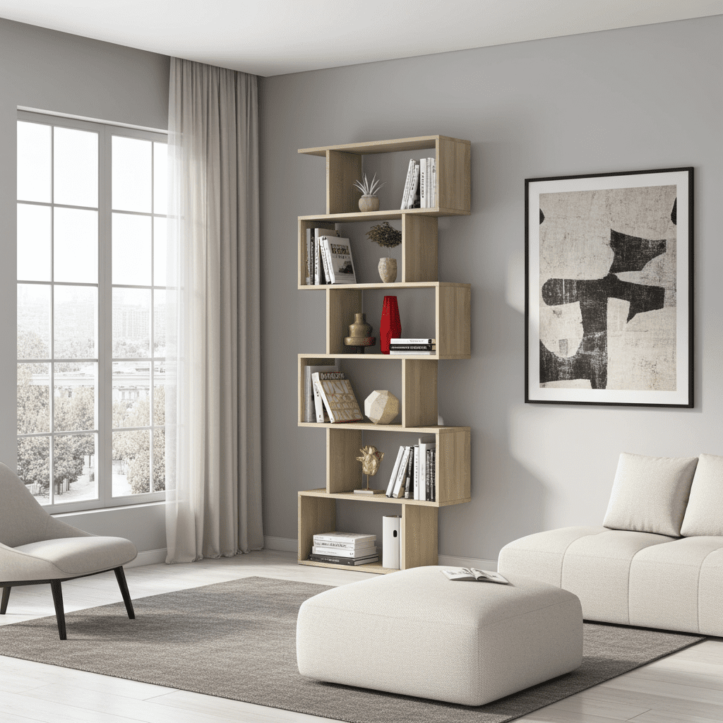 Oak effect bookcase with 6 open shelves for storage