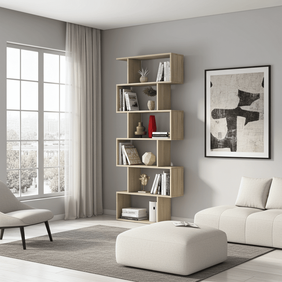 Oak effect bookcase with 6 open shelves for storage