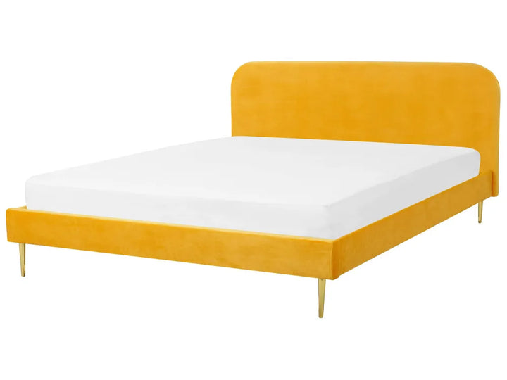 Yellow velvet super king bed with gold legs