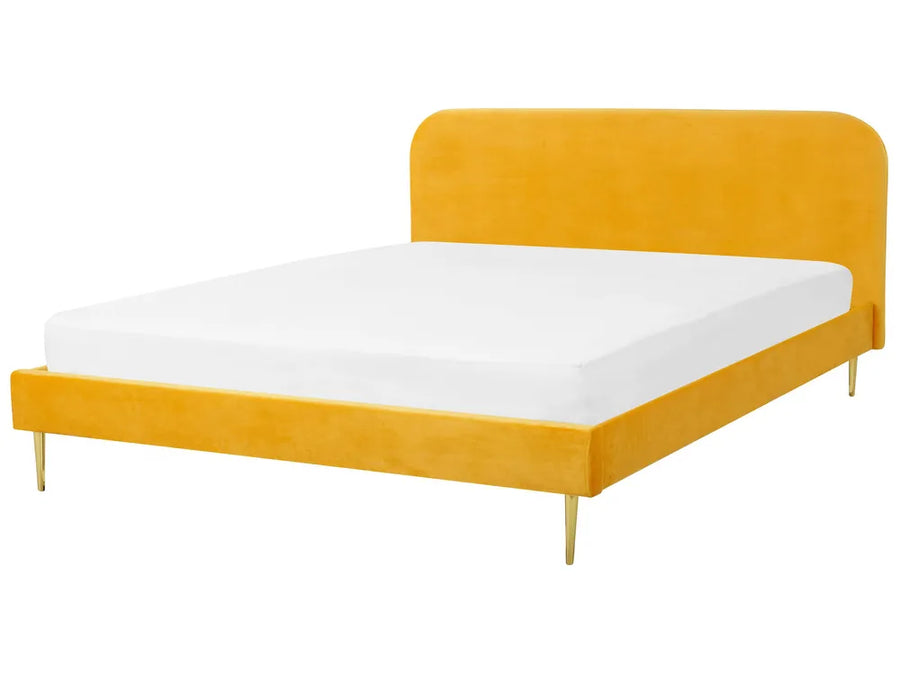 Yellow velvet super king bed with gold legs