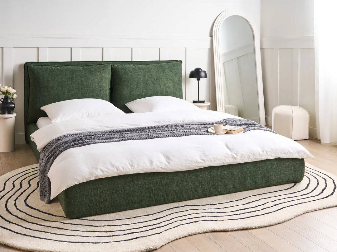 dark green upholstered bed frame