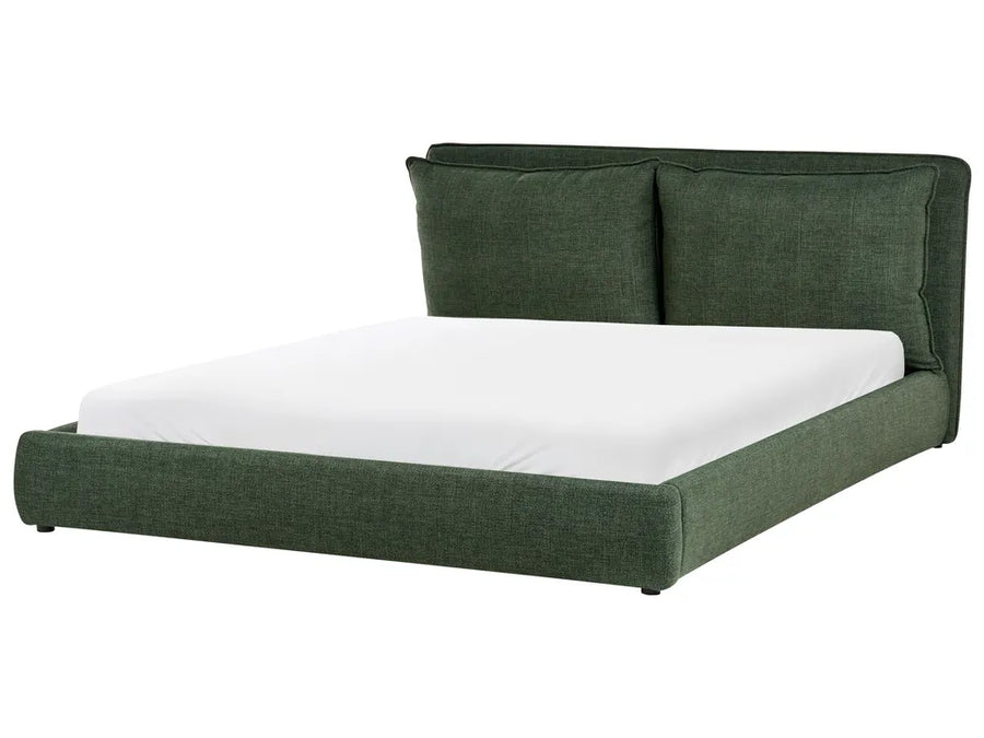 Dark green fabric super king bed with cushioned headboard