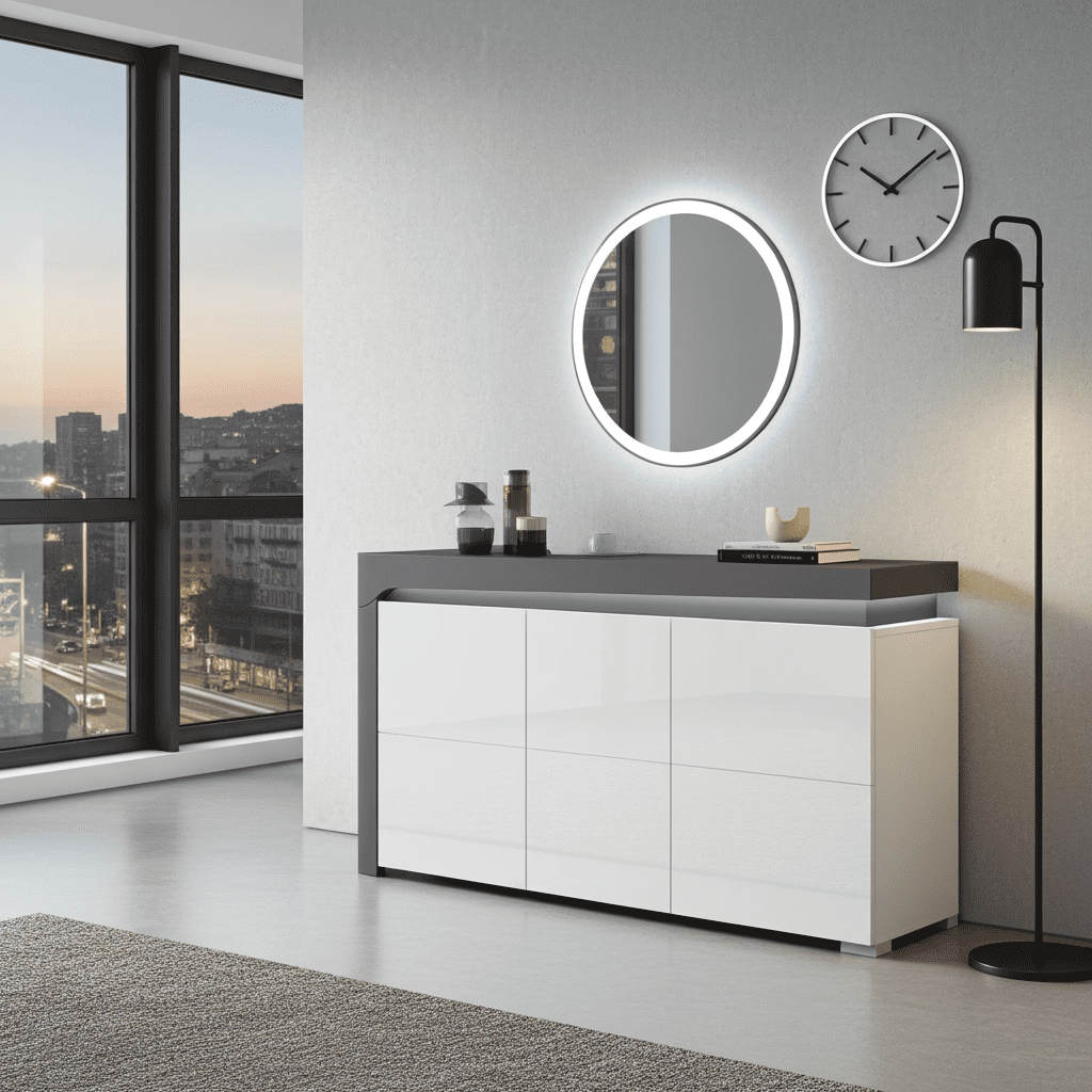 Grey and white gloss 3 door sideboard with LED lights