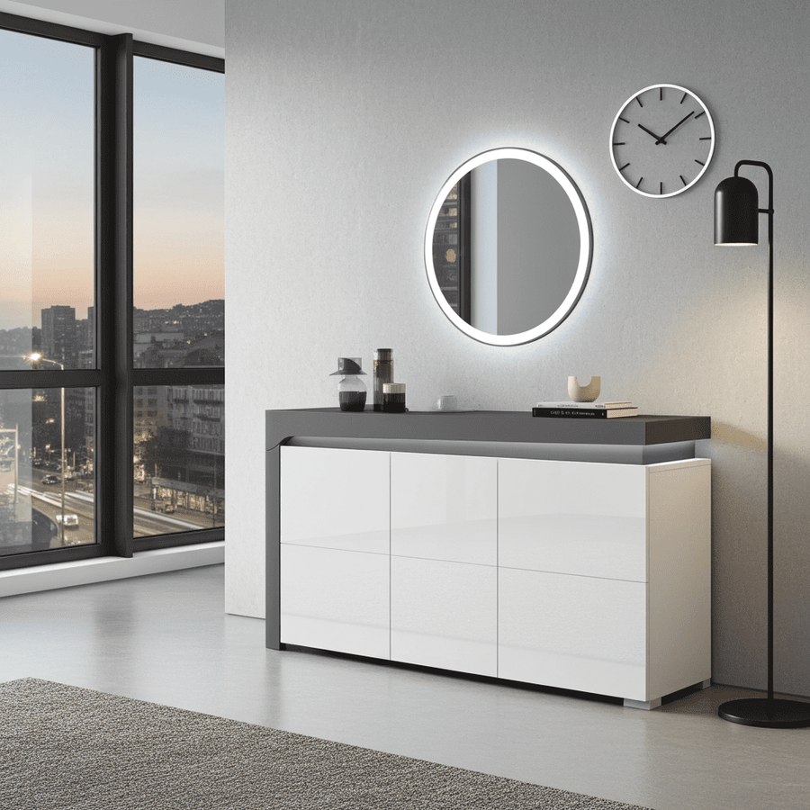 Grey and white gloss 3 door sideboard with LED lights