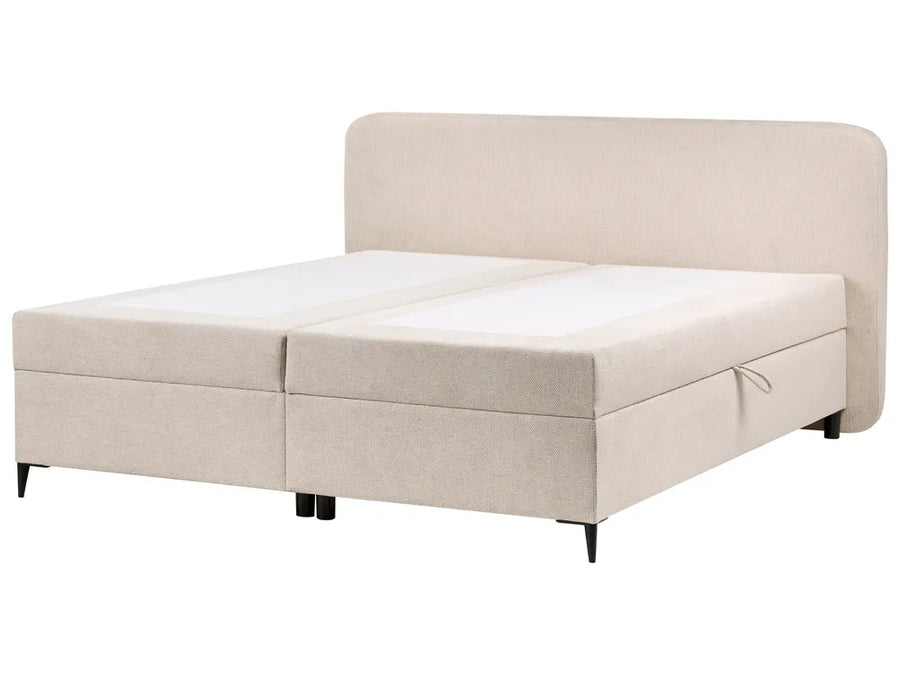 Beige upholstered bed with storage drawers on a white background