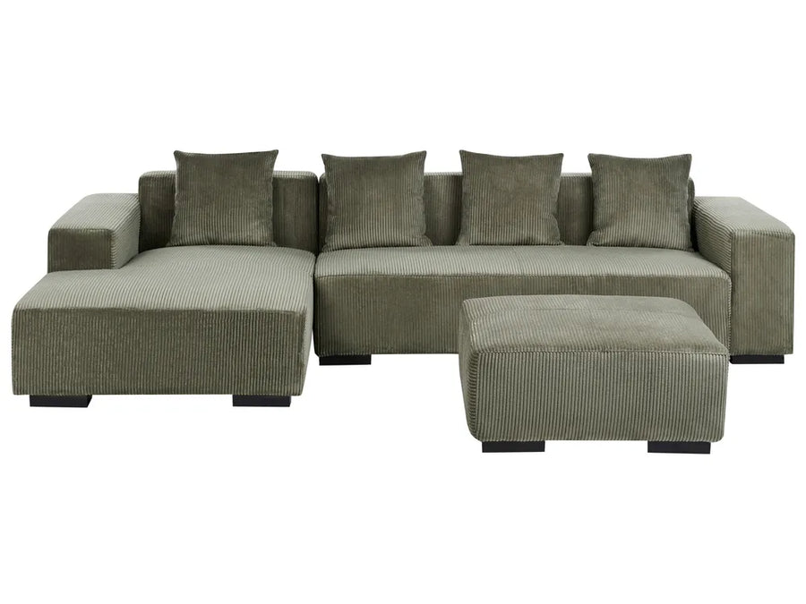 Gray sectional sofa with ottoman on a white background
