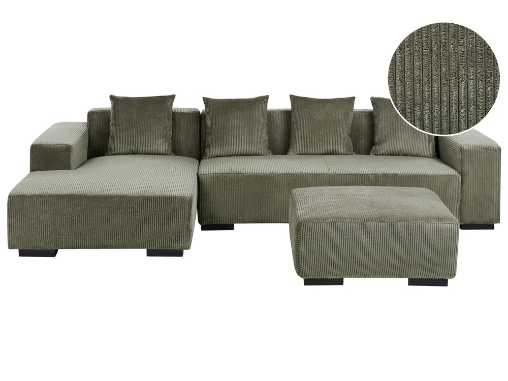Corner Sofa 4 Seater Corduroy Green with Ottoman Right Hand Lecanto
