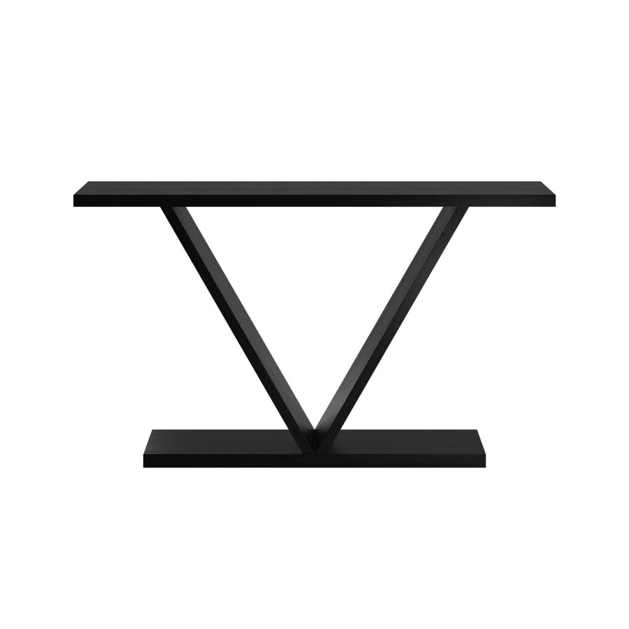 Black metal console table with a V-shaped design on a white background