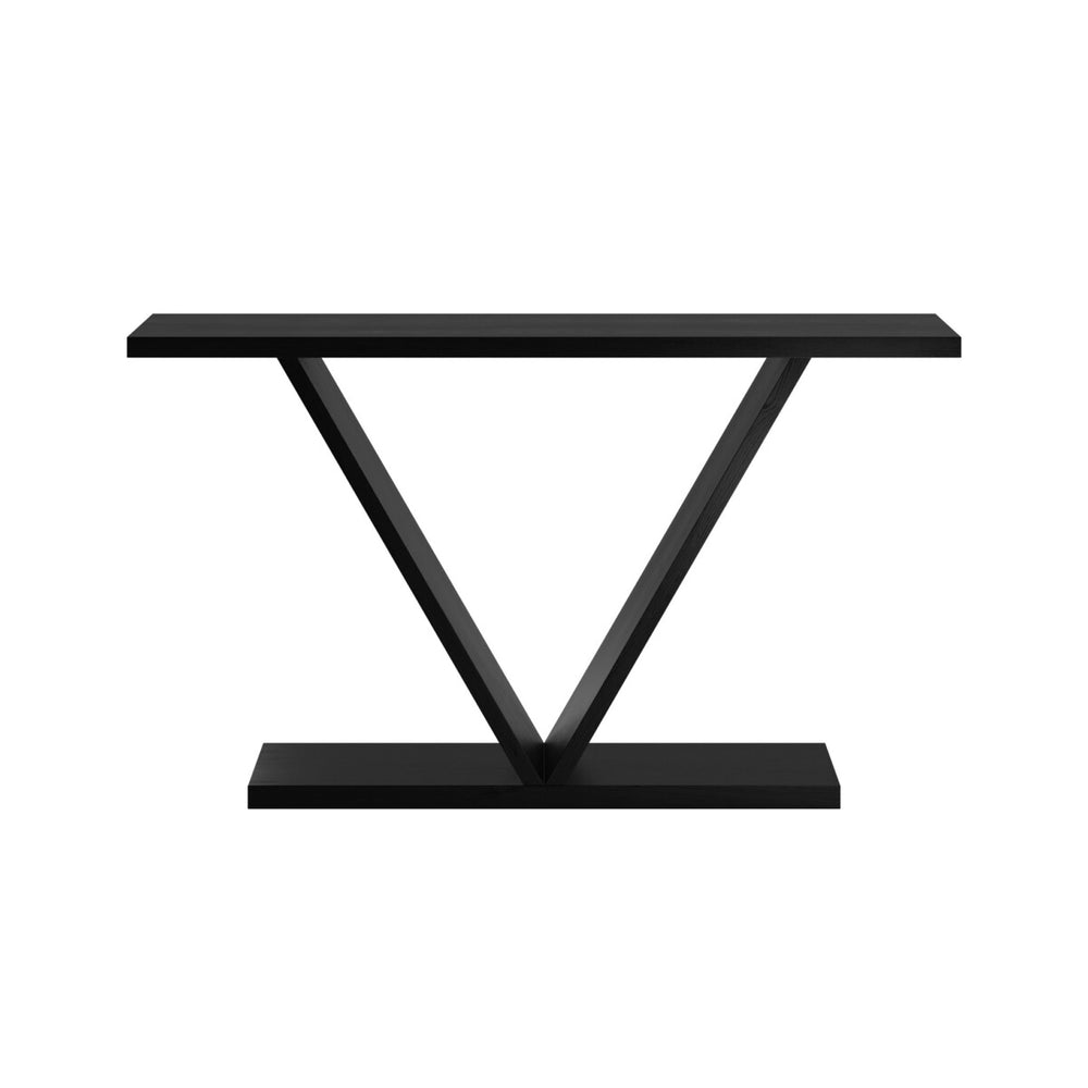 Black metal console table with a V-shaped design on a white background