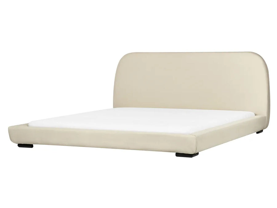 Beige bed frame with white mattress on a white background