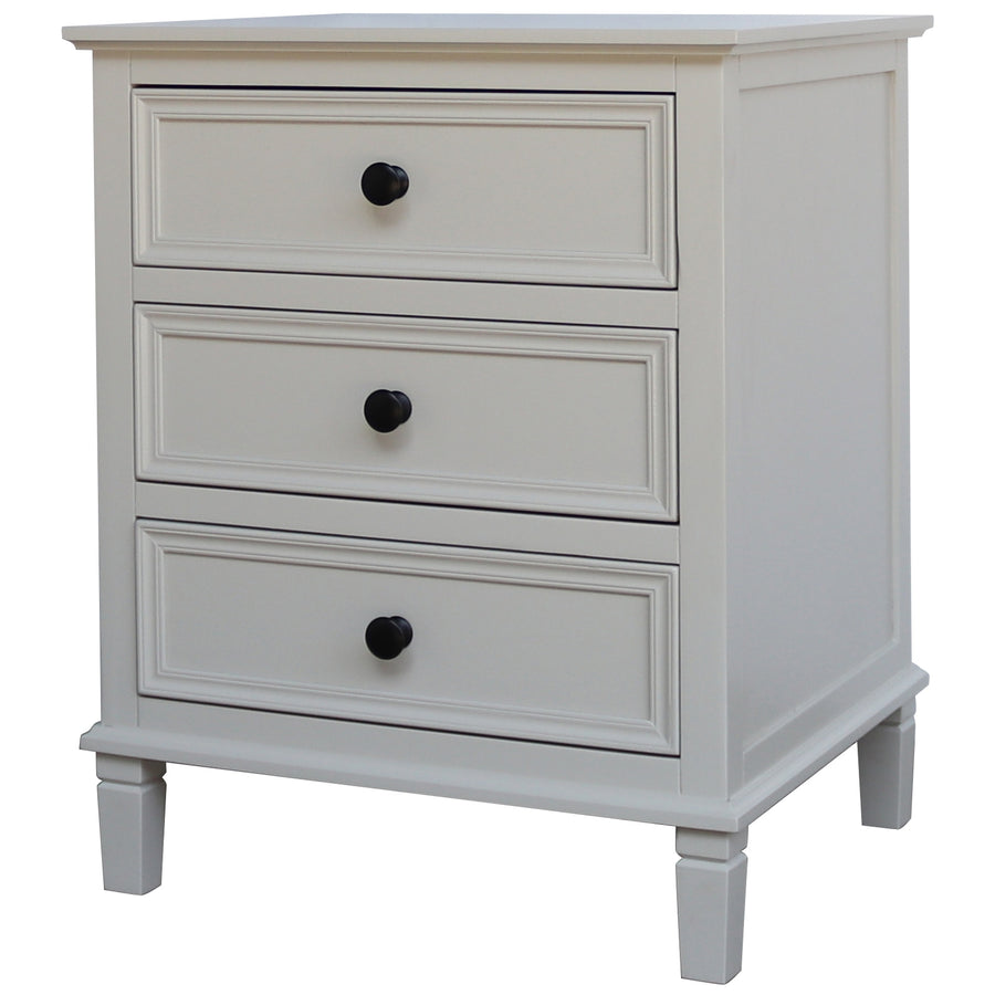 White three-drawer nightstand with black knobs on a white background