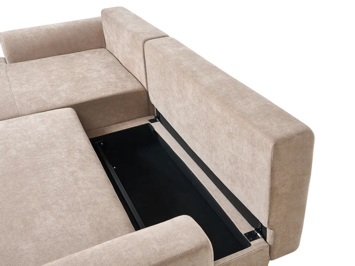 Corner Sofa Bed 3 Seater Chenille Light Brown Right Hand Keshvi