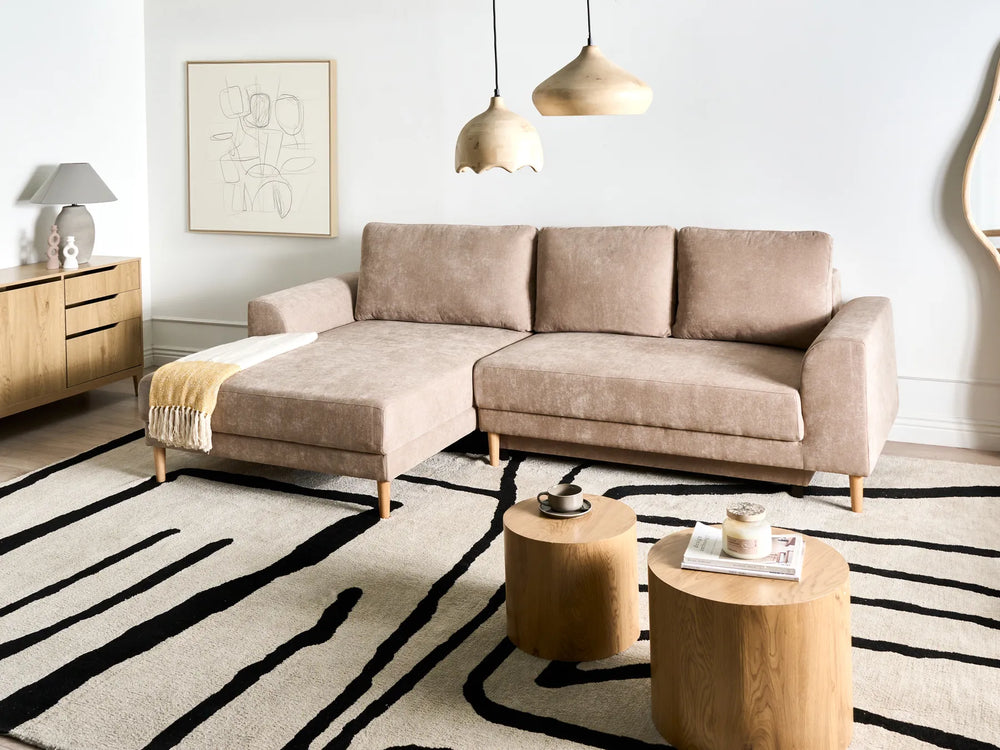 Corner Sofa Bed 3 Seater Chenille Light Brown Right Hand Keshvi