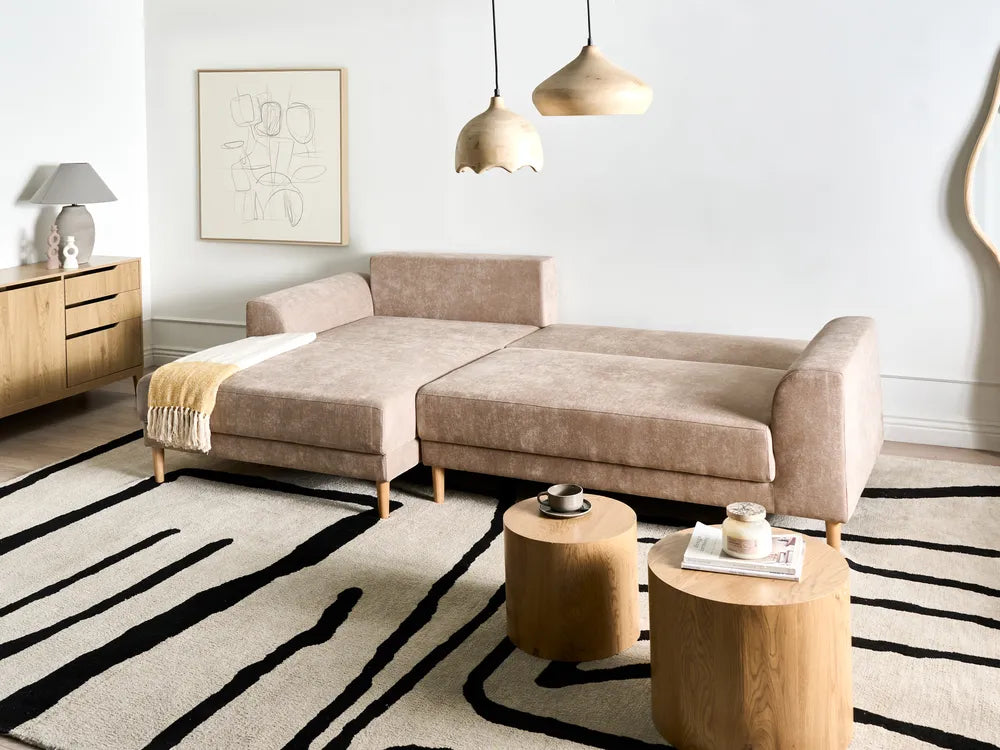 Corner Sofa Bed 3 Seater Chenille Light Brown Right Hand Keshvi