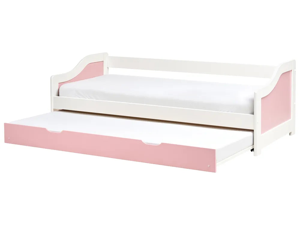 White and pink bed with a pull-out trundle on a white background