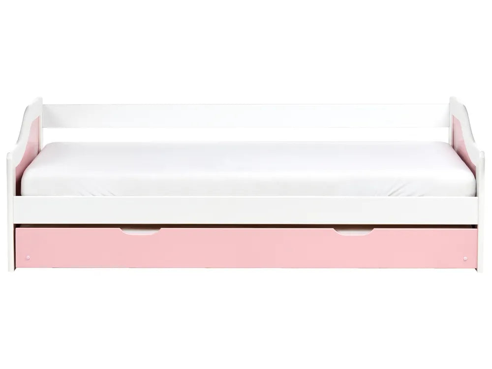 White and pink daybed with a white mattress on a white background