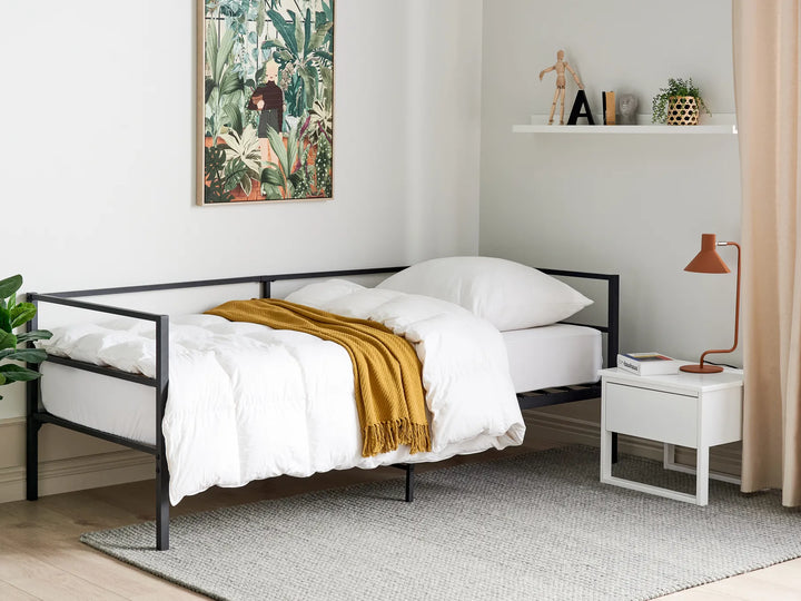 Bedroom with a black metal bed frame, white bedding, and a nightstand with a lamp.