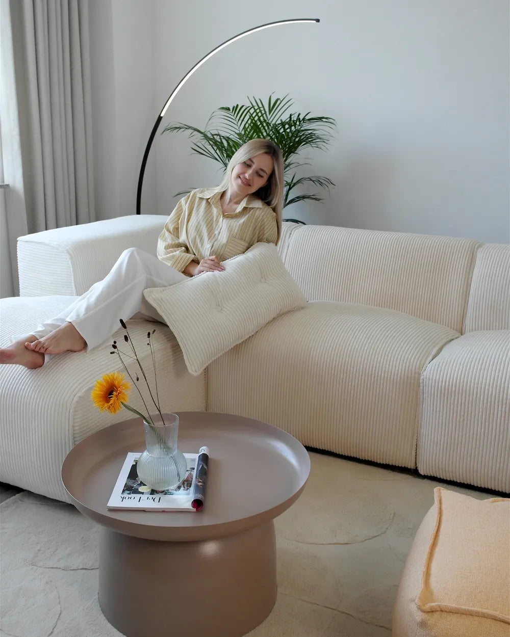 Corner Sofa 3 Seater Corduroy Off-White Right Hand Rafael