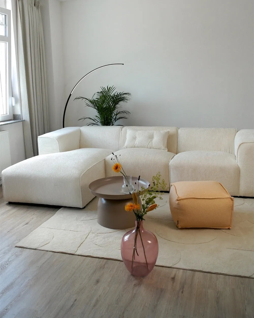 Corner Sofa 3 Seater Corduroy Off-White Right Hand Rafael