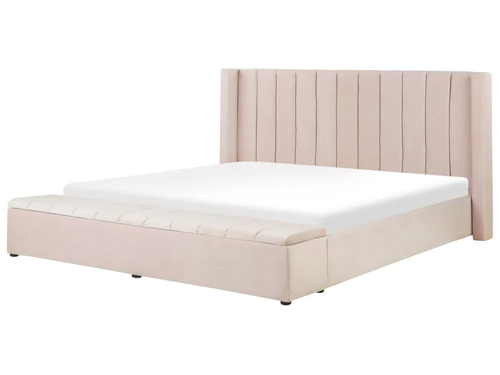 Pastel pink velvet super king bed with storage bench