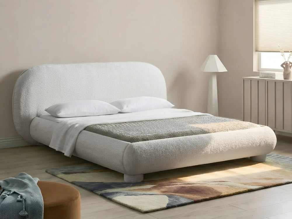 Bouclé upholstered bed with rounded headboard 160x200 cm