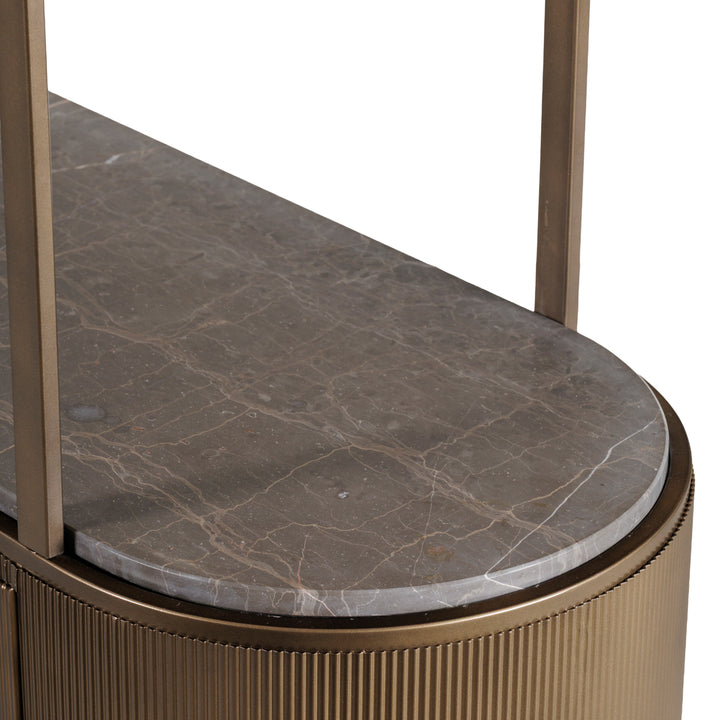 Elegant shelving unit with gold metal frame and storage