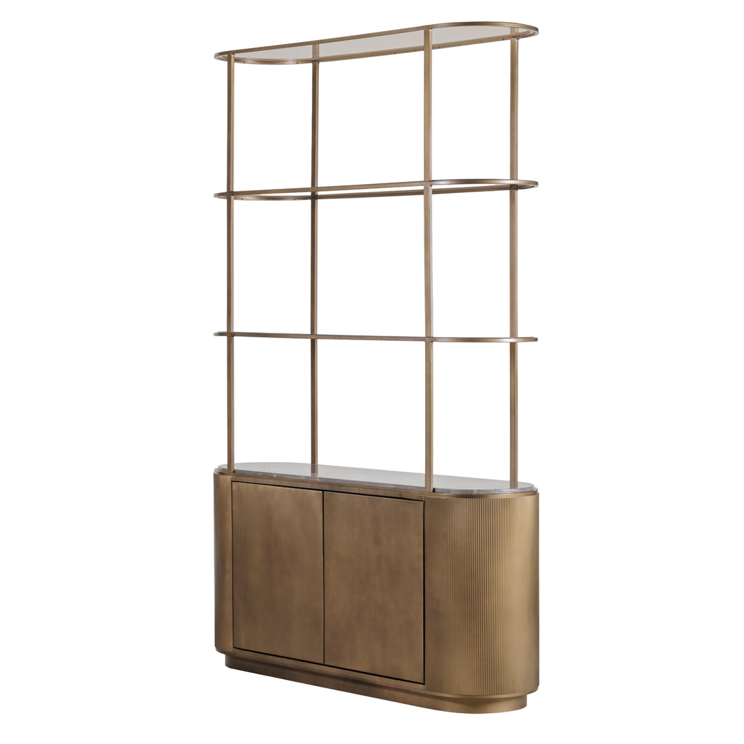 Modern gold storage shelving with cabinet and glass tiers