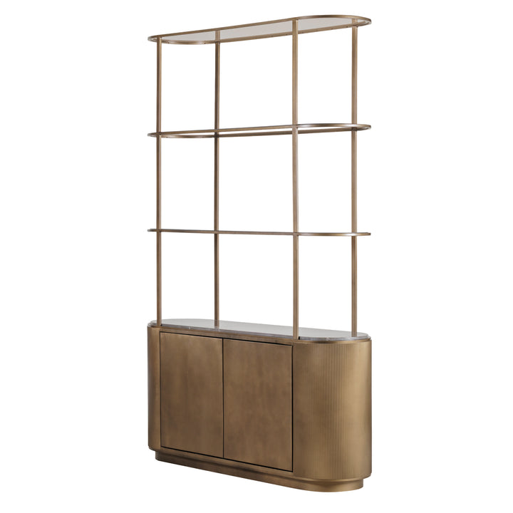 Modern gold storage shelving with cabinet and glass tiers