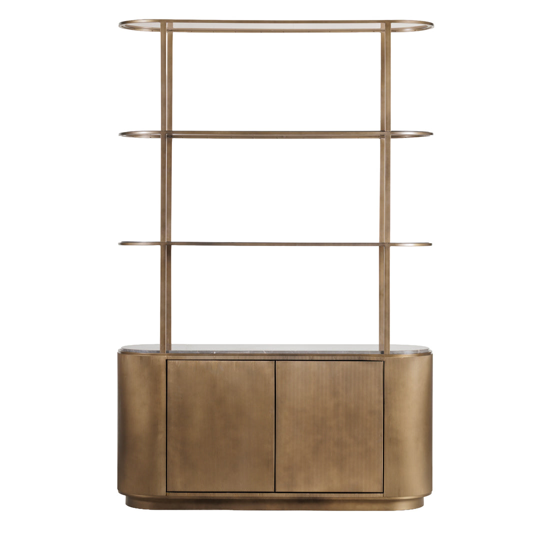Gold shelving unit with glass shelves and storage cabinet
