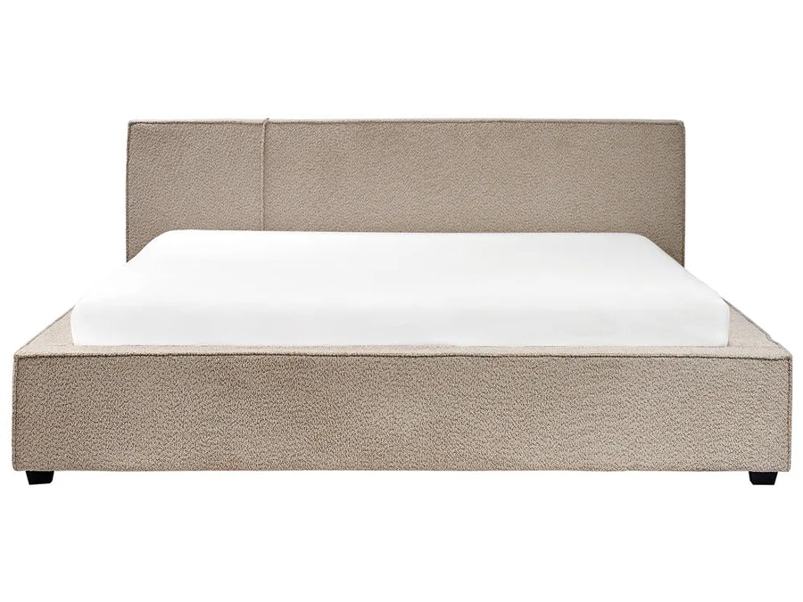Taupe bouclé super king bed with upholstered frame