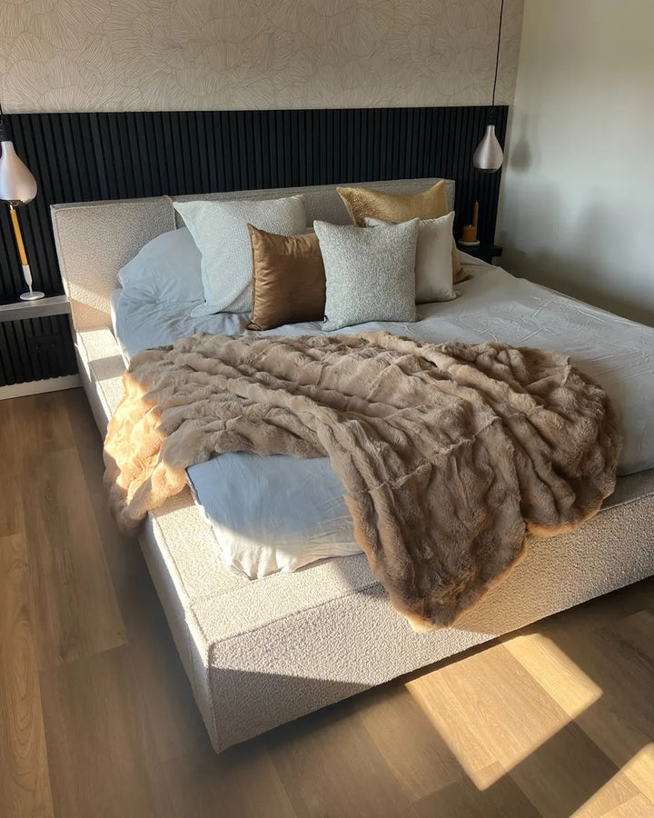 Super king taupe bed with padded headboard